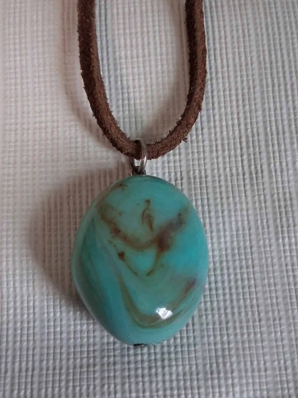 Turquoise Blue Brown Swirl Oval Faux Stone Lightweight Bohemian Pendant Necklace